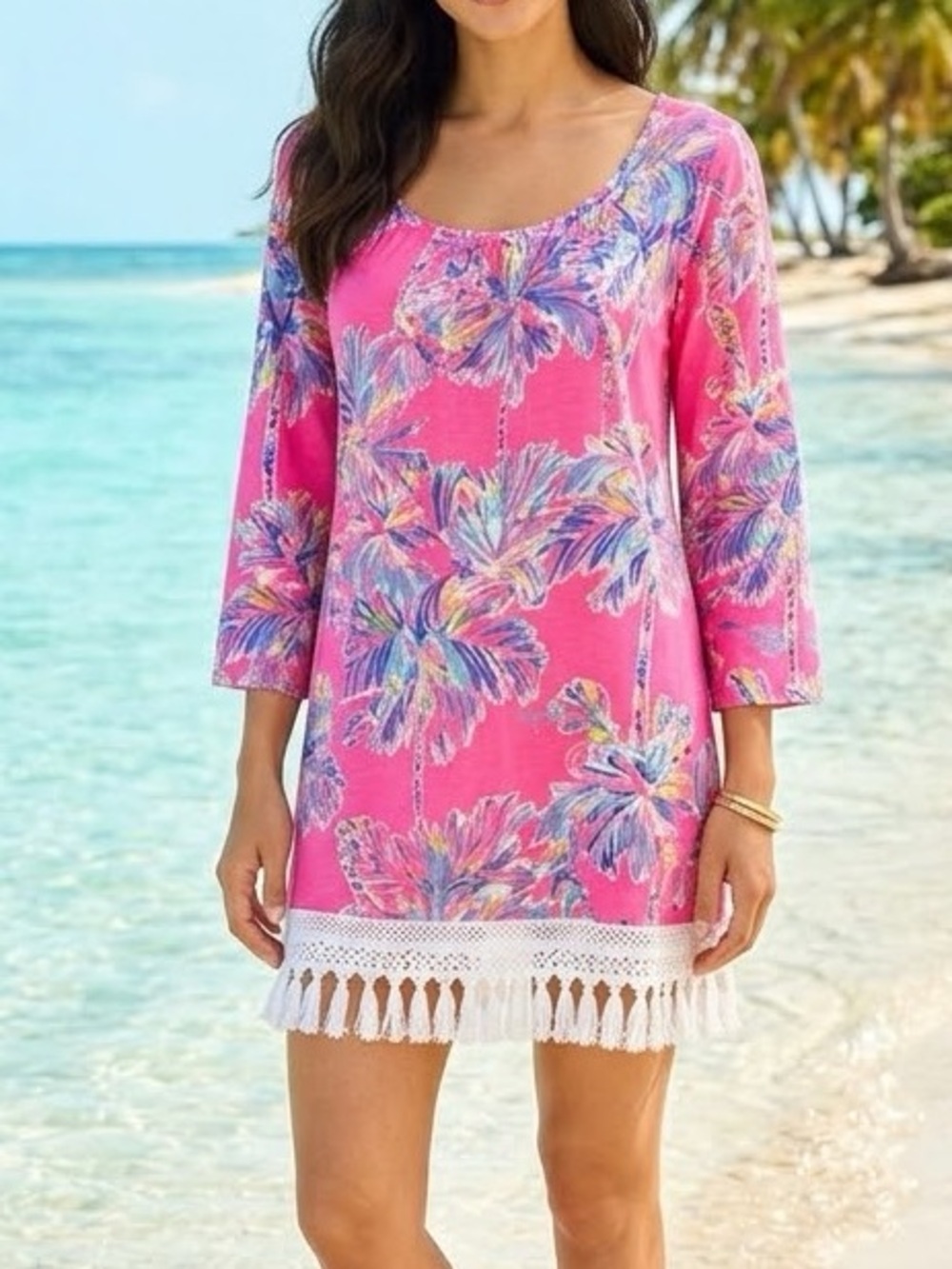 Lilly Pulitzer Pink Floral Tassel-Hem dress size small
